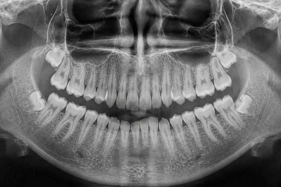 Panoramic dental X-ray showing the full jaw and impacted wisdom teeth
