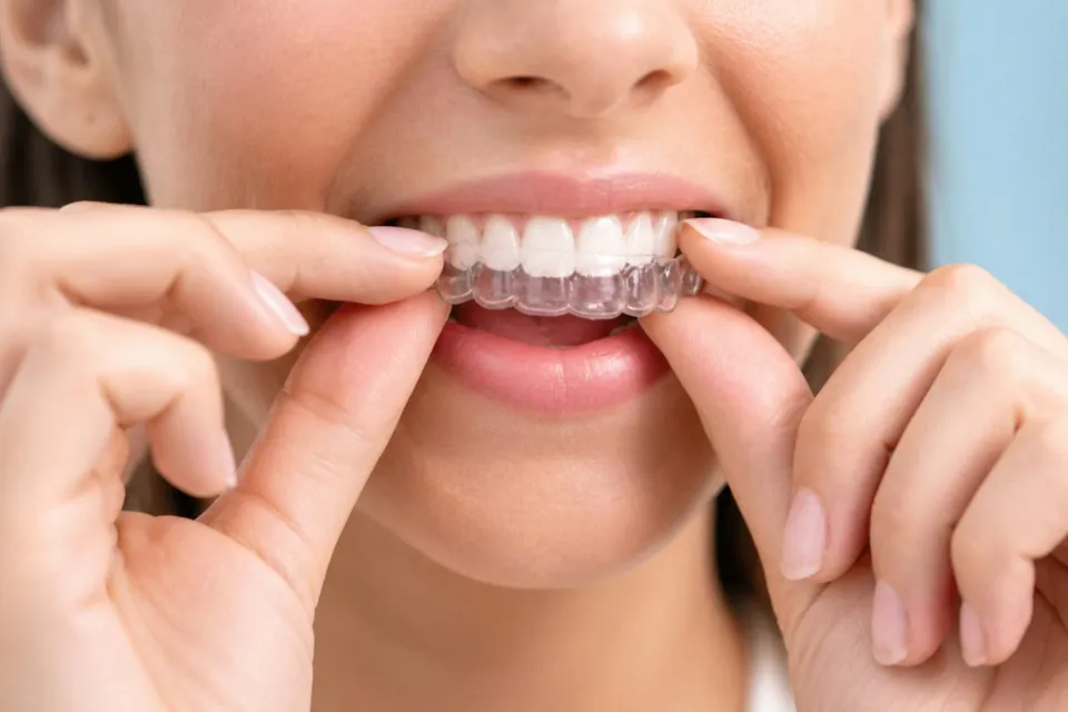 Patient seating a clear Invisalign aligner tray over her upper teeth